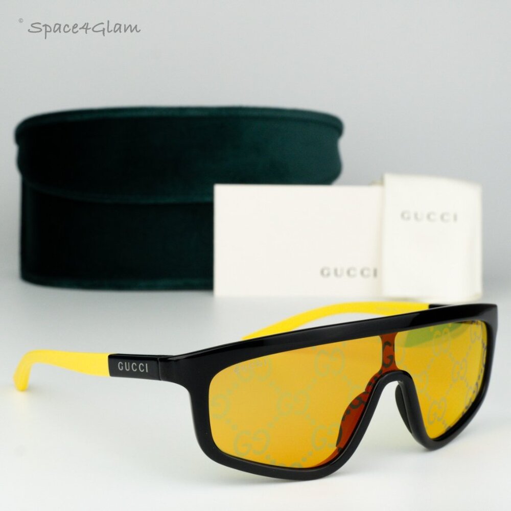 Gucci Women Sunglasses Black Yellow Mirror Logo Shield GG1736S 004 BRAND NEW